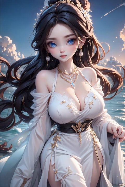 1girl, solo, long hair, breasts, looking at viewer, blue eyes, large breasts, black hair, hair ornament, dress, cleavage, bare shoulders, jewelry, ponytail, earrings, sky, water, necklace, hair bun, white dress