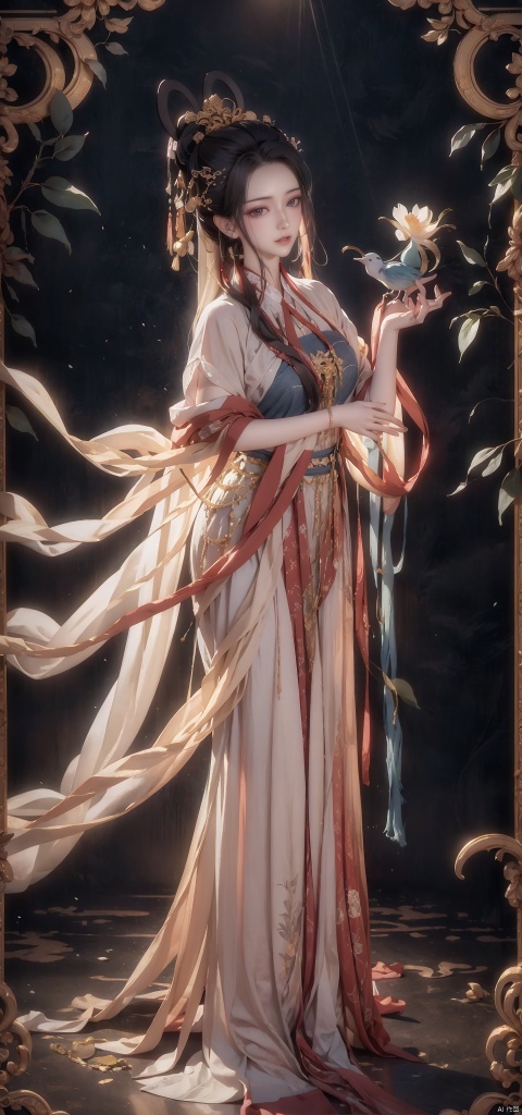  Bodhisattva, full body display, wearing plain white clothes, Holy Light, holding white flowers, willow branches, jade bottles, beings, cutting their own throats, background is in the wilderness, official art, unit 8k wallpaper, super detail, beauty and aesthetics, masterpiece, best quality, extremely detailed, dynamic Angle, paper skin, radius, brightness, denim, most beautiful form chaos, elegance, a brutalist design, Visual color, flowers in full bloom, numerous flowers and birds, deep forest, sunshine, atmosphere, rich details, full-body lens, shot from top, shot from bottom, detailed background, beautiful sky, flowing hair, perfect face, delicate features, high details, smile, fisheye lens, dynamic Angle, dynamic pose, exotic dance, Hanfu, Dunhuang cloth, Guanyin, juemei