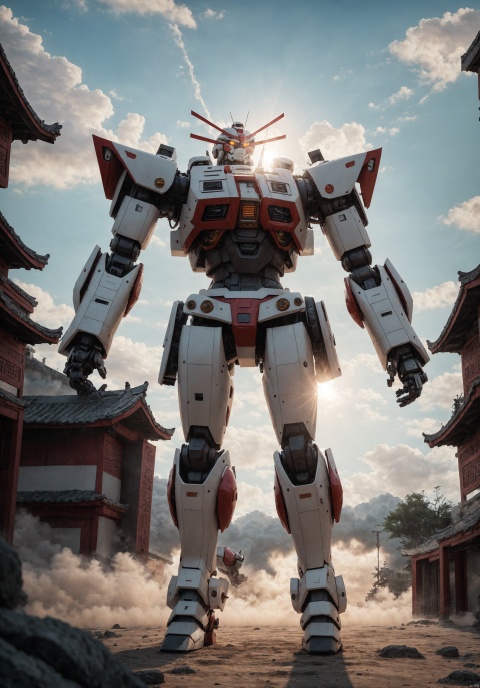  ,Fighting posture, , Surrealism, from below, Nikon, Surrealism, backlighting, 8k, super detail, high quality, high details, UHD, award winning, textured skin, anatomically correct, Real, shanhaijing, BJ_Gundam_SDXL, juemei,solo, juemei,Metallic texture, juemei,upper_body,solo, red eyes, standing, cloud, no humans, Glowing eyes,, China ancient style robot,China ancient style mecha, science fiction, looking ahead,