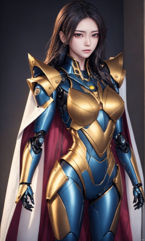 8k, best quality, masterpiece,1girl, illustration, an extremely delicate and beautiful, extremely detailed ,CG ,unity ,wallpaper, finely detail, official art, unity 8k wallpaper,big breasts,Big tits, incredibly absurdres, quan,ban,,red cape,malenia_blade, hjyzbrobot, machine,1girl, hjyjiazhourbt,white_armor, Mecha,Female robots, leidianjiangjun, ,Slim,Perfect figure,,, tianqi,Textured skin,Textured hair,Photographer Toshio Sato's shooting style features fresh Japanese tones and Fuji cameras, with a 35MM lens. In the setting sun and golden moments, clear focus, sharp image: 1.6), emotional and atmospheric, with a golden realistic style. Portrait photography features lens flares, jastyle, long hair, Slim, Perfect figure, 1girl, jpeg artifacts, Textured skin