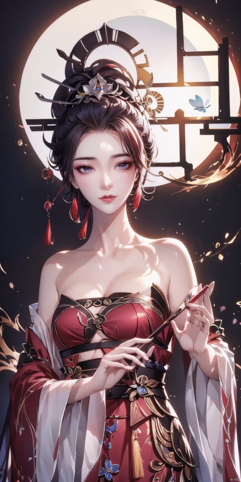 A mesmerizing and visually stunning artwork featuring a single female figure,  created by a renowned artist,  showcasing intricate details and vibrant colors. Official art quality with a strong aesthetic appeal. High resolution rendering in 4K,  huliya,  1girl,  flame,lotus ,moon ,featuring autumn fallen leavesGemstones,  ornaments,  flash,  diffusion,  juemei, , chang, Punk,  linkedress_red dress, hanfu,  mgirl,  qtcg, upper_body,  Light master,  leidianjiangjun,  shenzi,  shenzi,,,