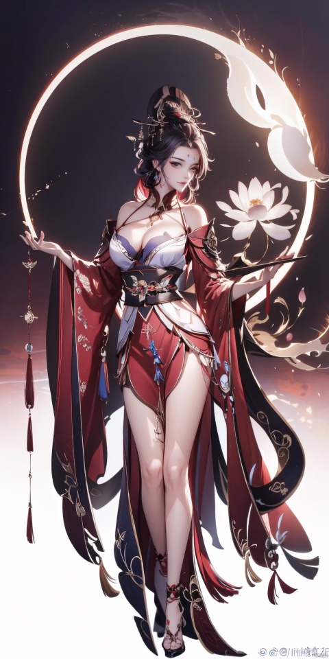 A mesmerizing and visually stunning artwork featuring a single female figure,  created by a renowned artist,  showcasing intricate details and vibrant colors. Official art quality with a strong aesthetic appeal. High resolution rendering in 4K,  huliya,  1girl,  flame,table lotus ,moon ,featuring autumn fallen leavesGemstones,  ornaments,  flash,  diffusion,  juemei, , chang, Punk,  linkedress_red dress, hanfu,  mgirl,  qtcg, full_body,  Light master,  leidianjiangjun,  shenzi,  shenzi,,,