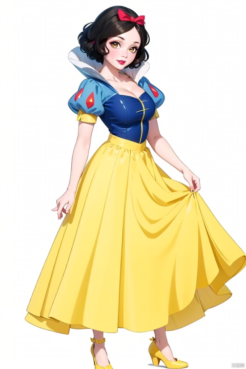  1girl, solo, smile, skirt, simple background, black hair, white background, dress, brown eyes, full body, short sleeves, puffy sleeves, hand up, puffy short sleeves, makeup,,, lipstick,, yellow skirt, yellow footwear, Snow White,cleavage cutout, Anime, seductive eyes, blue coat, juemei, Asian girl, fantasy