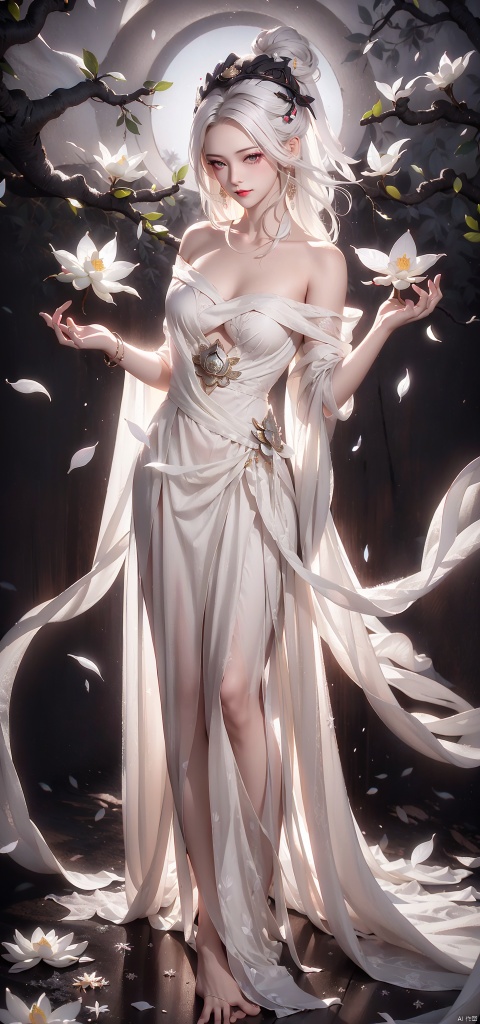  A woman, backlit, white gauze dress, white shine, swaying in the wind, full body, light and shadow, (background is hanging frost tree :1.5), official art, 8k wallpaper, Super detail, beauty and aesthetics, Fine, best quality, very detailed, Dynamic Angle, paper leather, Radius, Light, cowboy lens, (ambient light brightness :1.7), respectively, pain, Visual color, Romantic, Atmosphere, Detail, full body lens, shot from above, shot from below, Detailed background, smooth hair, perfect face, delicate five-light five-color, high detail, smile, fisheye lens, dynamic Angle, dynamic pose, 1 girl, (petals :1.3), (white feather draped body :1.4), not bright colors, (white dress :1.7), (the white lotus: 1.5), (shoulder: 1.6), (positive display: 1.7), (generally show: 1.5), (white hair: 1.5), (1.8) on the ground., qingsha, juemei