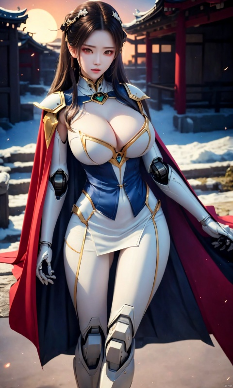  8k, best quality, masterpiece,1girl, illustration, an extremely delicate and beautiful, extremely detailed ,CG ,unity ,wallpaper, finely detail, official art, unity 8k wallpaper,big breasts,Big tits, incredibly absurdres, quan,ban,,red cape,malenia_blade, hjyzbrobot, machine,1girl, hjyjiazhourbt,white_armor, Mecha,Female robots, leidianjiangjun, ,Slim,Perfect figure,,, tianqi,Textured skin,Textured hair,Photographer Toshio Sato's shooting style features fresh Japanese tones and Fuji cameras, with a 35MM lens. In the setting sun and golden moments, clear focus, sharp image: 1.6), emotional and atmospheric, with a golden realistic style. Portrait photography features lens flares, jastyle, long hair, Slim, Perfect figure, 1girl, jpeg artifacts, Textured skin, guofeng