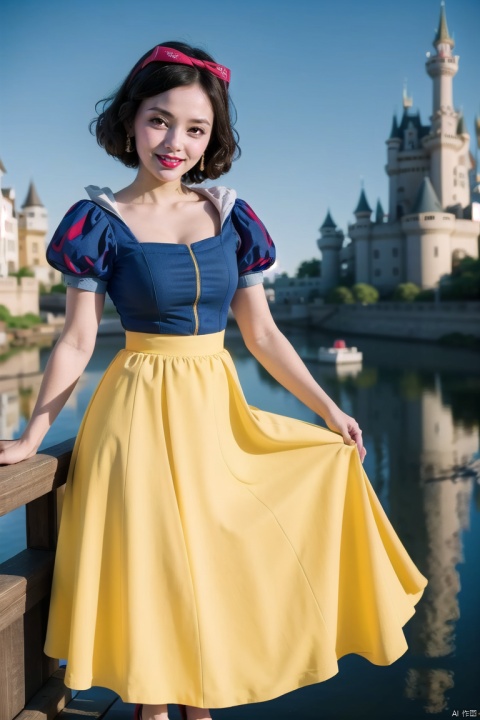 1girl, solo, smile, skirt, , black hair, , dress, brown eyes, full body, short sleeves, puffy sleeves, hand up, puffy short sleeves, red bow,,, lipstick, skirt hold, yellow skirt, yellow footwear, Snow White,cleavage cutout, Anime, seductive eyes, blue coat, juemei,The background of European castles, jijianchahua,sitting,smile