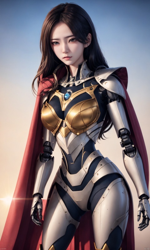 8k, best quality, masterpiece,1girl, illustration, an extremely delicate and beautiful, extremely detailed ,CG ,unity ,wallpaper, finely detail, official art, unity 8k wallpaper,big breasts,Big tits, incredibly absurdres, quan,ban,,red cape,malenia_blade, hjyzbrobot, machine,1girl, hjyjiazhourbt,white_armor, Mecha,Female robots, leidianjiangjun, ,Slim,Perfect figure,,, tianqi,Textured skin,Textured hair,Photographer Toshio Sato's shooting style features fresh Japanese tones and Fuji cameras, with a 35MM lens. In the setting sun and golden moments, clear focus, sharp image: 1.6), emotional and atmospheric, with a golden realistic style. Portrait photography features lens flares, jastyle, long hair, Slim, Perfect figure, 1girl, jpeg artifacts, Textured skin
