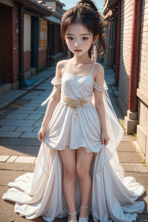  1girl,,Young children, little girls, young girls,,loli,l,8 years old,full_body,Petite,Cute,, ((((white dress,)))),Pupils,Seductive posture,Lovely big eyes,1girl,Double ponytail,,standing,blurry background,White skin,Sideways,,Beautiful eyes,red hair,Dynamic blur, , guofeng,Streets, guofeng, pf-hd,梨涡彤彤