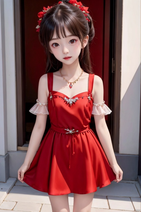  1girl,,Young children, little girls, young girls,,loli,l,8 years old,full_body,Petite,Cute,, ((((red dress,Jewelry,)))),Pupils,Seductive posture,Lovely big eyes,1girl,Double ponytail,,standing,blurry background,White skin,Sideways,,Beautiful eyes,red hair,Dynamic blur, , guofeng,Streets, guofeng, pf-hd,Small breasts