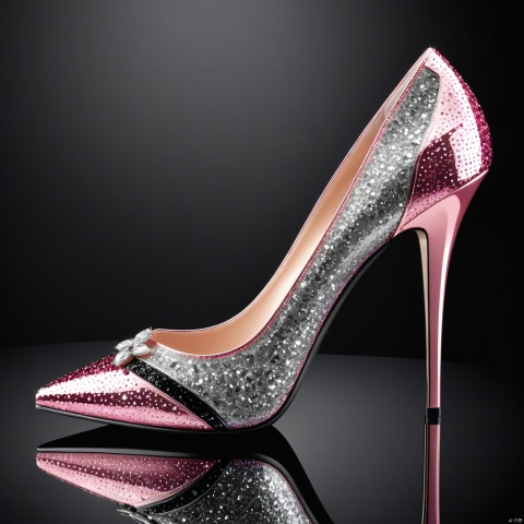  (best quality, 8K, high resolution, masterpiece), ultra detailed, (3D CGI), a beautiful women's heeled shoe, trendy and fashionable, adorned with glitter and diamonds, stylized pink, silver and black, on a black background, advertising campaign, winning photo,