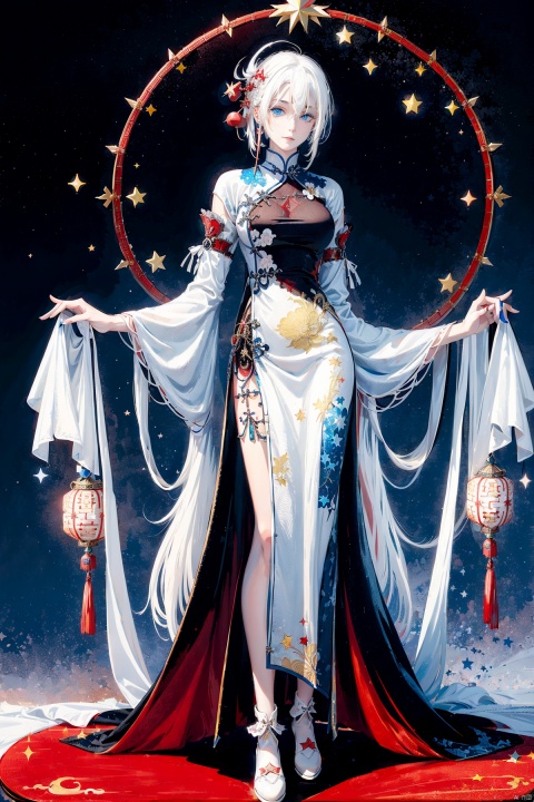  A demon with (white hair:1.5),(blue eyes:1.5) resembling blue gemstones, and a fringed haircut. This demon exudes an outgoing and sunny personality. She is dressed in a peculiar, mechanical construct cheongsam gown, predominantly made of gossamer material, with accents that evoke the ambiance of fire element. The cheongsam gown itself is in vibrant (Chinese red:1.5). Completing her ensemble, she wears a pair of high-heeled shoes.
, Against the backdrop of a night sky, there shines (a bright star:1.5), col