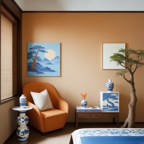  1girl,The living room features deep orange walls and vintage furniture in a Chinese-style interior design, with blue and white porcelain art prints on the wall showcasing natural illustrations of animals, forests, mountains, and sunlight. The space incorporates gradient and color blocking, crafted in a minimalistic style. An indoor plant is placed with a ceramic vase that has a marble texture, and the table lamp is elegantly shaped. The decor blends Chinese classical with retro European and American styles.