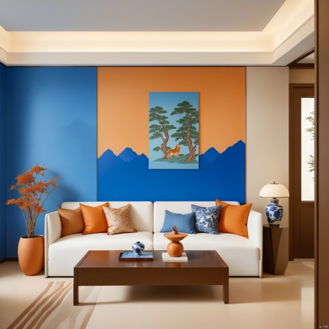  The living room features deep orange walls and vintage furniture in a Chinese-style interior design, with blue and white porcelain art prints on the wall showcasing natural illustrations of animals, forests, mountains, and sunlight. The space incorporates gradient and color blocking, crafted in a minimalistic style. An indoor plant is placed with a ceramic vase that has a marble texture, and the table lamp is elegantly shaped. The decor blends Chinese classical with retro European and American styles.