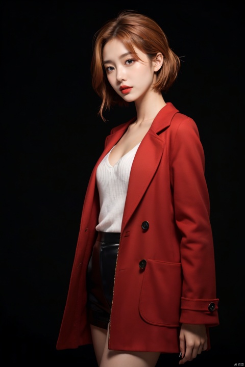  Outdoor scenery, snow view, Snow Mountain, girl, red wool coat, pretty face, short hair, blonde hair, (photo reality: 1.3) , Edge lighting, (high detail skin: 1.2) , 8K Ultra HD, high quality, high resolution, the best ratio of four fingers and a thumb, (photo reality: 1.3) , wearing a red coat, white shirt inside, big chest, solid color background, solid red background, advanced feeling, texture full, 1 girl, Xiqing, HSZT, Xiaxue, dongy, a girl, magic eyes, black 8d smooth stockings, 1girl, sd_mai, xiqing, tm, cpdd