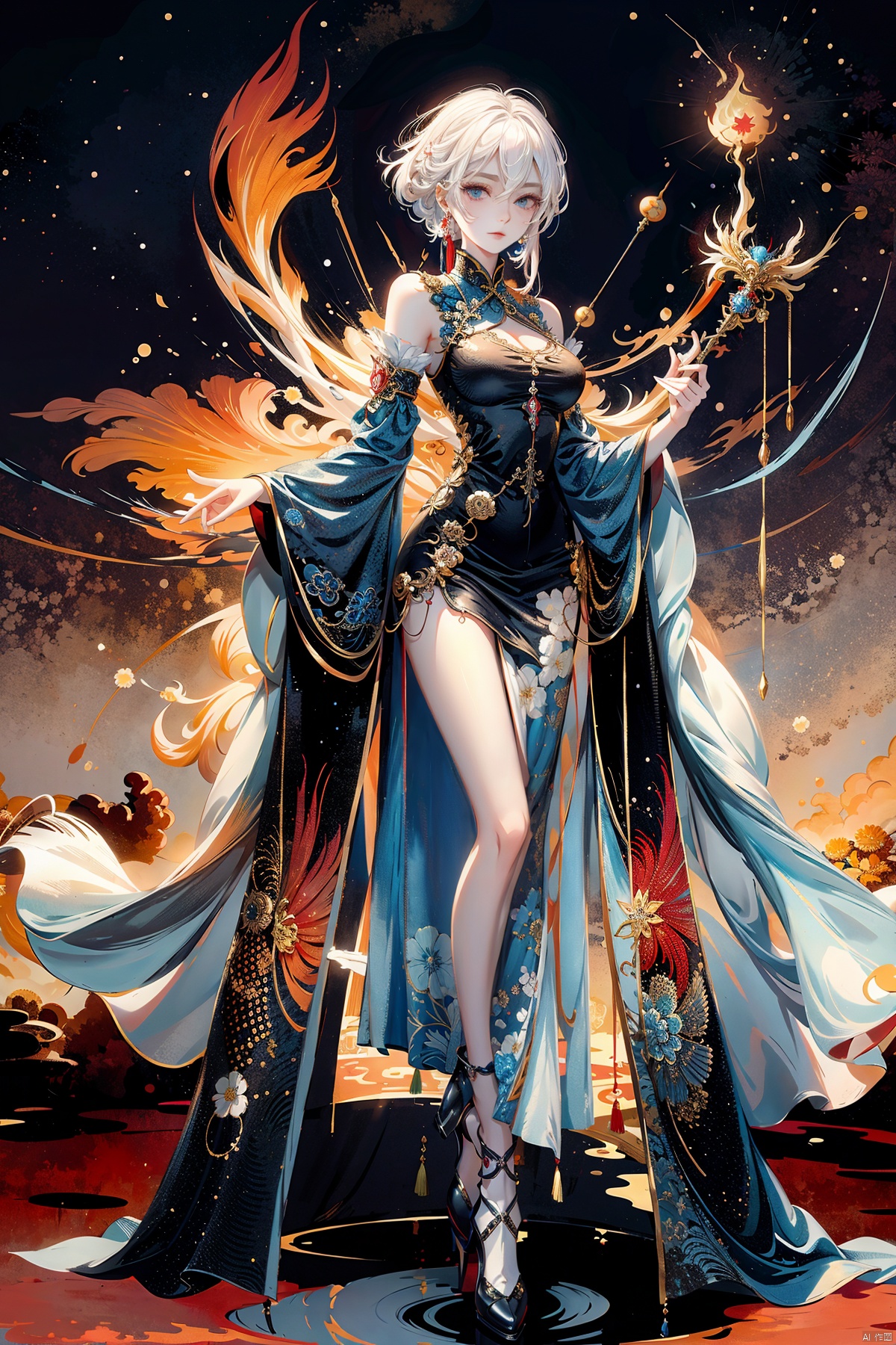 A demon with white hair, blue eyes resembling blue gemstones, and a fringed haircut. This demon exudes an outgoing and sunny personality. She is dressed in a peculiar, mechanical construct cheongsam gown, predominantly made of gossamer material, with accents that evoke the ambiance of fire element. The cheongsam gown itself is in vibrant Chinese red. Completing her ensemble, she wears a pair of high-heeled shoes.
