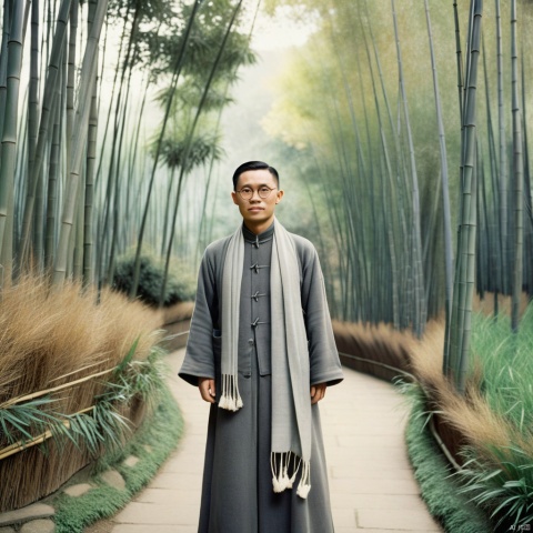  A photo of a Chinese scholar from the 1930s, wearing round glasses, a scarf, and a gray long gown, standing with his hands behind his back among a bamboo forest.