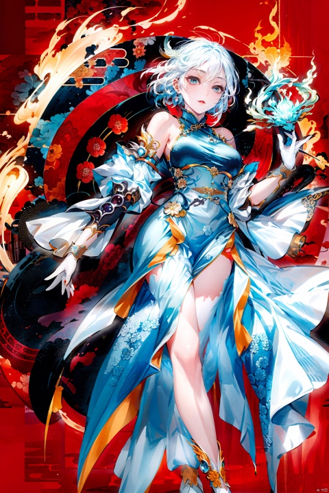  A demon with white hair, blue eyes resembling blue gemstones, and a fringed haircut. This demon exudes an outgoing and sunny personality. She is dressed in a peculiar, mechanical construct cheongsam gown, predominantly made of gossamer material, with accents that evoke the ambiance of fire element. The cheongsam gown itself is in vibrant Chinese red. Completing her ensemble, she wears a pair of high-heeled shoes.
, col