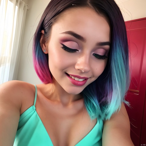  photorealistic, ultra realistic, glowing cyan hair, closed eyes,([Mila Kunis|Emily Blunt|Ariana Grande]:0.85), 21 year old woman, sparkling starburst green eyes, red theme,eyeshadow, mascara, plush lips, pink lipstick, smile, straight white teeth, realistic skin texture, skin pores, shiny skin, selfie, red dress,photo shoot, red background,alluring, attractive,amazing photograph, masterpiece, best quality,