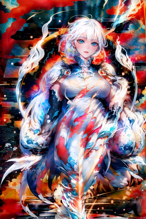  A demon with (white hair:1.5),(blue eyes:1.5) resembling blue gemstones, and a fringed haircut. This demon exudes an outgoing and sunny personality. She is dressed in a peculiar, mechanical construct cheongsam gown, predominantly made of gossamer material, with accents that evoke the ambiance of fire element. The cheongsam gown itself is in vibrant Chinese red. Completing her ensemble, she wears a pair of high-heeled shoes.
, col