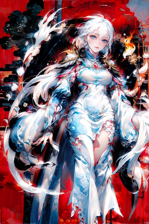  A demon with (white hair:1.5),(blue eyes:1.5) resembling blue gemstones, and a fringed haircut. This demon exudes an outgoing and sunny personality. She is dressed in a peculiar, mechanical construct cheongsam gown, predominantly made of gossamer material, with accents that evoke the ambiance of fire element. The cheongsam gown itself is in vibrant Chinese red. Completing her ensemble, she wears a pair of high-heeled shoes.
, col, Ink painting