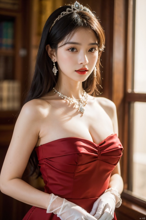  1girl,qianjin,(8k, RAW photo, best quality, masterpiece:1.3),(realistic,photo-realistic:1.37),(looking at viewer:1.331),soft light,extremely beautiful face,Random hairstyle,Random expression,big eyes,an extremely delicate and beautiful girl,depth of field,blurry background,blurry foreground,delicate,beautiful,beautiful face,beautiful eyes,beautiful girl,delicate face,delicate girl,8k wallpaper,(best quality:1.12),(detailed:1.12),(intricate:1.12),(ultra-detailed:1.12),(highres:1.12),hyper detailed,ultra-detailed,high resolution illustration,colorful,8k wallpaper,highres,Cinematic light,ray tracing,(8k, RAW photo, best quality, masterpiece, ultra highres, ultra detailed:1.2),(realistic, photo-realistic:),formal_dress,(red dress:1.3),jewelry,earrings,necklace,dress,long hair,breasts,cleavage,blurry,bare shoulders,parted lips,black dress,red lips,black hair,pearl necklace,looking at viewer,blurry background,strapless dress,strapless,lips,tiara,medium breasts,upperbody,lipstick,indoors,makeup,gloves,realistic,,gem, qianjin, cpdd