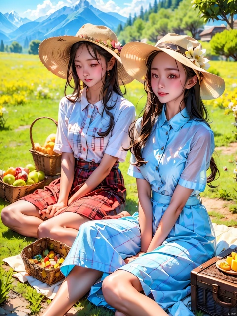  chahua,picnic,2girls,outdoors,hat,black hair,food,tree,open mouth,grass,shirt,sky,smile,closed eyes,white headwear,flower,cloud,sitting,long hair,holding,blush,blurry foreground,spoon,blurry,mountainous horizon,blue sky,plaid shirt,day,fruit,petals,mountain,picnic basket,hair ornament,feeding,white shirt,bird, alian, jingjing, nannan