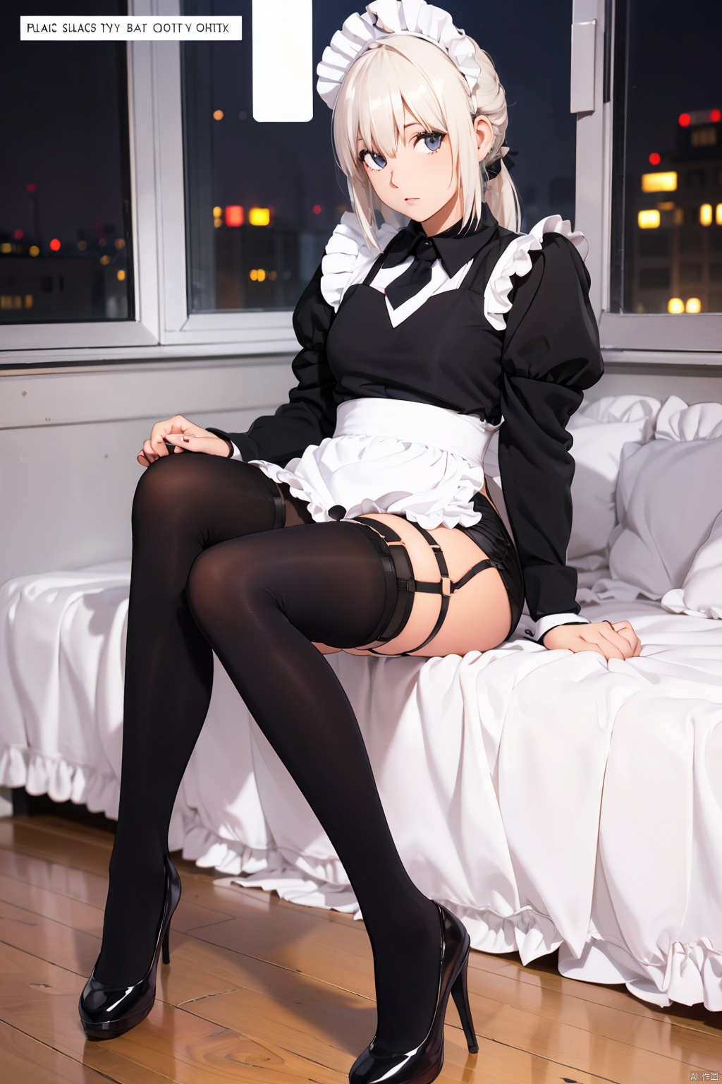  tutututu,apron,long sleeves,maid,maid apron,puffy sleeves,maid headdress,black shorts,black thighhighs,thigh strap,garter straps,,(tutuhd),pantyhose,black miniskirt,black pencil skirt,high heels,(best quality, masterpiece, ultra high resolution),(photorealistic:1.37),(immersive atmosphere, chiaroscuro:1.5,bright light:1.2,luminous lighting),(Magazine cover-style illustration of a fashionable woman),(The text on the cover should be bold and attention-grabbing, with the title of the magazine and a catchy headline. The overall style should be modern and trendy, with a focus on fashion and lifestyle),1girl,cute,slim,(pale skin,shiny skin),(full body),(looks at the viewer),very long hair,top fashion,night,(Floor-to-ceiling windows, city),,,,
