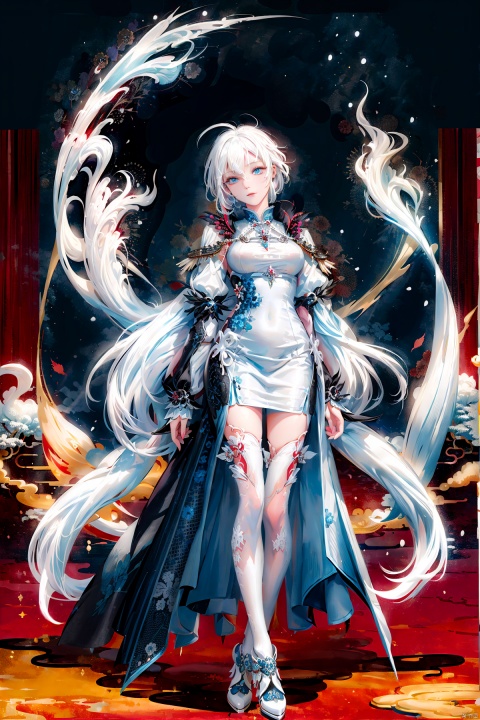  A demon with (white hair:1.5),(blue eyes:1.5) resembling blue gemstones, and a fringed haircut. This demon exudes an outgoing and sunny personality. She is dressed in a peculiar, mechanical construct cheongsam gown, predominantly made of gossamer material, with accents that evoke the ambiance of fire element. The cheongsam gown itself is in vibrant Chinese red. Completing her ensemble, she wears a pair of high-heeled shoes.
, col