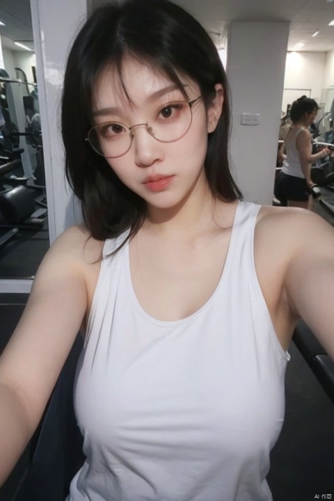  A 40-year-old straight-haired female idol wearing a sexy tank top is taking a selfie in an indoor gym, posing half-body to display her beauty in detail. , cpdd,eyeglass,(big tits:1.3)