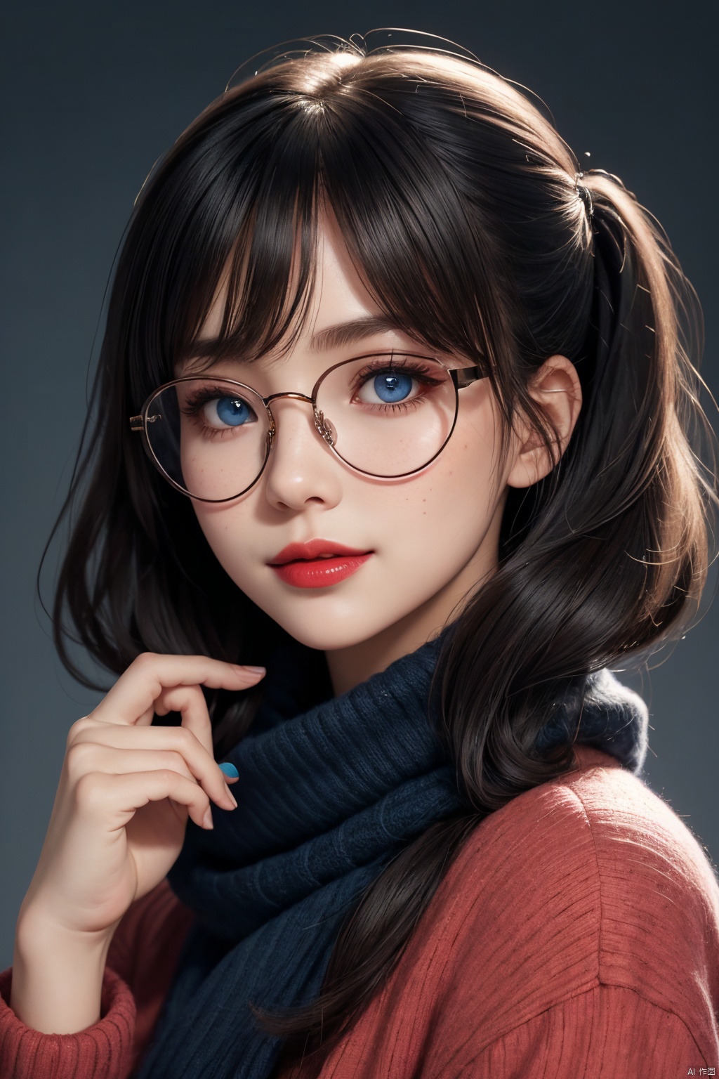  1girl, blue eyes, black hair, realistic, scarf, looking at viewer, twintails, solo, glasses, lips, long hair, portrait, nose, closed mouth, sunglasses, red-framed eyewear, solo focus, finger to mouth, simple background, traditional media, pov, purple scarf, eyelashes, tinted eyewear, close-up, mole, blue background, bangs, signature, upper body, adjusting eyewear, goggles, parted lips, out of frame, red lips, hair between eyes, pov hands, open mouth, blush, makeup, brown hair, grey background, eye focus, lipstick, smile, expressionless, eyewear on head, parted bangs, semi-rimless eyewear, mole under mouth, poking, blurry, freckles, red scarf, looking over eyewear, breasts, blue hair, reflection, two side up, mole under eye, short hair, round eyewear, biting, short twintails, ribbon, painterly, pointing, hand up, pink-framed eyewear , realistic details, surrealistic, sense of reality, very realistic, very realistic, intense contrast of light and shadow