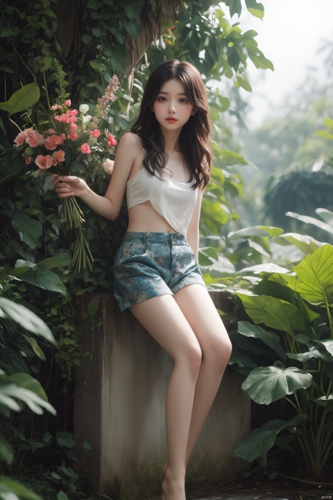 (masterpiece,best quality),1 Girl,(full body:1.2),(in blue lush jungle with flowers and birds:1.2),3d render,cgi,symetrical,35mm,(intricate details:1.12),HDR,(intricate details,hyperdetailed:1.15),natural skin texture,hyperrealism,soft light,(sharp:1.3),(buy: 0.7),((outdoor)),(Wet body:0.8),(blur background:1.2),bokeh,(realistic lighting:1.3),(film noise:0.8),(film grain:0.8),((background defocused)):1.2,(child:0.7),(loli:1.2),(10yo:1.2),(slouth, 0.7), im,(thin:1.1),yellow short pants,(long leg:1.3),(from below:0.9),bare foot,thong,fisheye lens,super wide angle view,