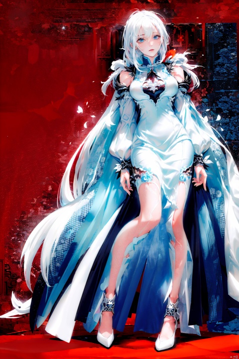  A demon with (white hair:1.5),(blue eyes:1.5) resembling blue gemstones, and a fringed haircut. This demon exudes an outgoing and sunny personality. She is dressed in a peculiar, mechanical construct cheongsam gown, predominantly made of gossamer material, with accents that evoke the ambiance of fire element. The cheongsam gown itself is in vibrant Chinese red. Completing her ensemble, she wears a pair of high-heeled shoes.
, col