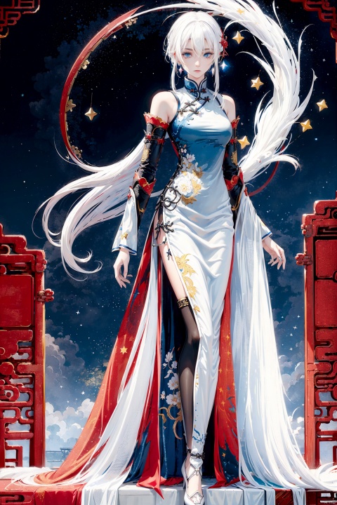  A demon with (white hair:1.5),(blue eyes:1.5) resembling blue gemstones, and a fringed haircut. This demon exudes an outgoing and sunny personality. She is dressed in a peculiar, mechanical construct cheongsam gown, predominantly made of gossamer material, with accents that evoke the ambiance of fire element. The cheongsam gown itself is in vibrant (Chinese red:1.5). Completing her ensemble, she wears a pair of high-heeled shoes.
, Against the backdrop of a night sky, there shines (a bright star:1.5)