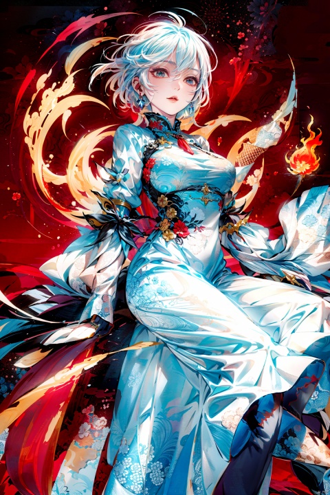  A demon with white hair, blue eyes resembling blue gemstones, and a fringed haircut. This demon exudes an outgoing and sunny personality. She is dressed in a peculiar, mechanical construct cheongsam gown, predominantly made of gossamer material, with accents that evoke the ambiance of fire element. The cheongsam gown itself is in vibrant Chinese red. Completing her ensemble, she wears a pair of high-heeled shoes.
, col