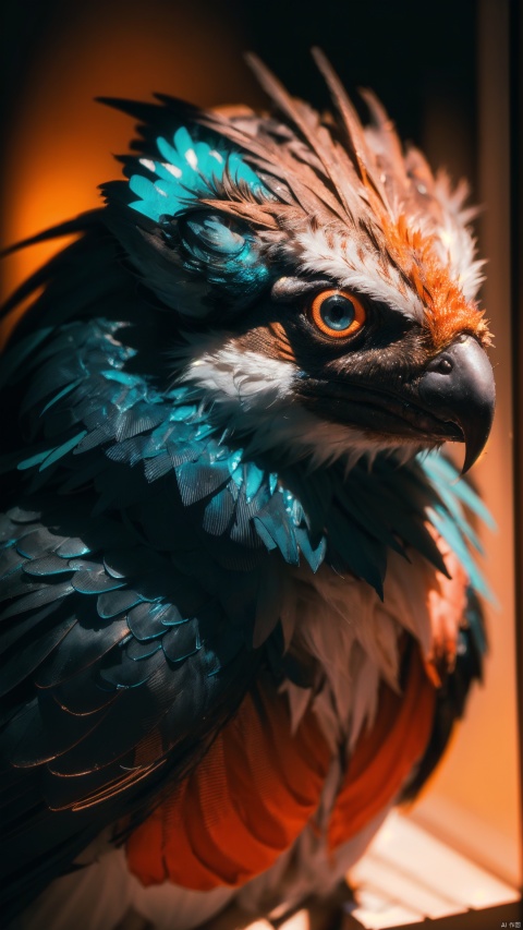  Cyberpunk Bird Portrait Intricate Details,Perfect Composition,High Contrast,Atmospheric,Moody,Raw photo,realistic,cinematic lighting,soft shadows,sharp focus,fractal,colorful,depth of field,best quality,16k resolution,