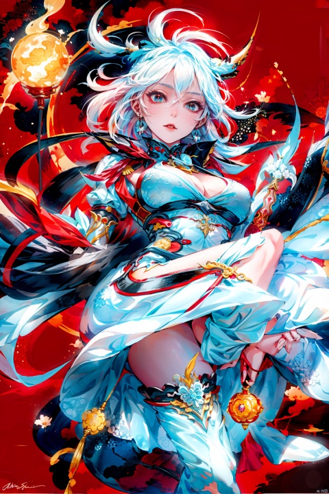  A demon with white hair, blue eyes resembling blue gemstones, and a fringed haircut. This demon exudes an outgoing and sunny personality. She is dressed in a peculiar, mechanical construct cheongsam gown, predominantly made of gossamer material, with accents that evoke the ambiance of fire element. The cheongsam gown itself is in vibrant Chinese red. Completing her ensemble, she wears a pair of high-heeled shoes.
, col