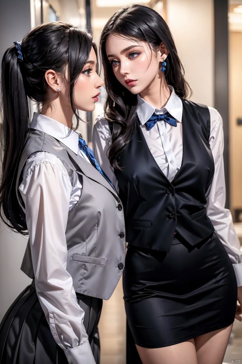  2 girls, jewelry, long hair, earrings, skirt, black hair,office, vest, shirt, suit,from side, lips, white shirt, blue eyes, makeup, long sleeves, standing, parted lips,lipstick, profile, grey vest, grey skirt, blurry, blue vest, skirt suit, looking up,good anatomy, good proportions, shapely body,
