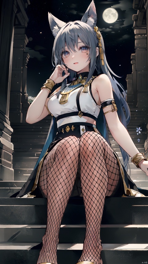 A girl wearing fishnet pantyhose and high heels is depicted in an extremely detailed and colorful CG illustration that represents a masterpiece of top quality, resembling official art. She is adorned in an exquisite and beautifully crafted Anubis attire, showcasing an ancient Egyptian theme. The background features the moon and night lighting, adding a cinematic touch to the artwork. With Anubis ears, she holds a staff and wears golden ornaments. Her expression is expressionless, but her eyes glow and her mouth reveals sharp fangs. Seated on a pyramid, she is surrounded by relics from ancient Egypt, with body and face tattoos. The illustration captures her in an active pose, with overhead lighting highlighting her presence. This artwork exhibits a fusion of abstract art, creating an immensely delicate and beautiful composition., tutututu