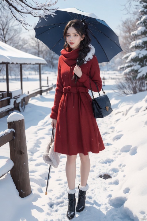  A beautiful woman in a red dress, in the snowy outdoors, her hair covered with snow, holding an umbrella in her hand, with a smile on her face. The surrounding trees and ground are covered with thick snow, the distant sky is light blue, with a few white clouds floating. High quality photo of a beautiful woman in a red dress in the snow, full body shot, smiling, snowflakes in the air, winter wonderland, romantic atmosphere, trending on Reddit, trending on DeviantArt, Intricate, High Detail, Sharp focus, dramatic, photorealistic painting art by Greg Rutkowski and Midjourney., xiqing