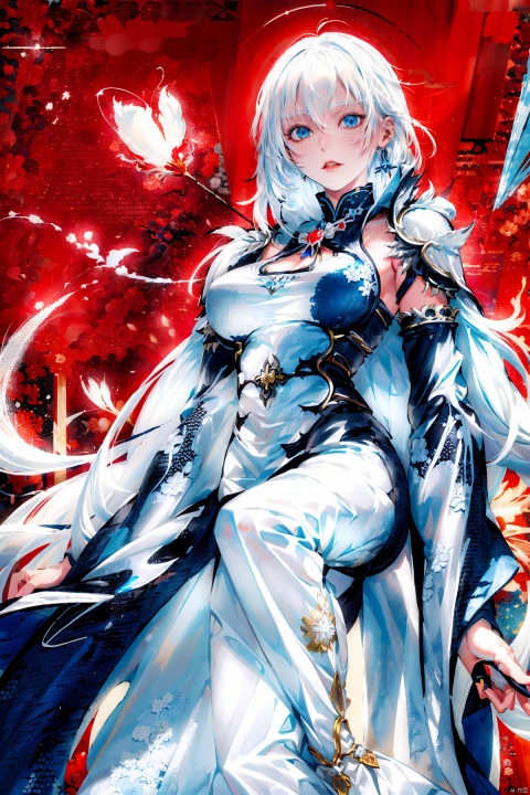  A demon with (white hair:1.5),(blue eyes:1.5) resembling blue gemstones, and a fringed haircut. This demon exudes an outgoing and sunny personality. She is dressed in a peculiar, mechanical construct cheongsam gown, predominantly made of gossamer material, with accents that evoke the ambiance of fire element. The cheongsam gown itself is in vibrant Chinese red. Completing her ensemble, she wears a pair of high-heeled shoes.
, col