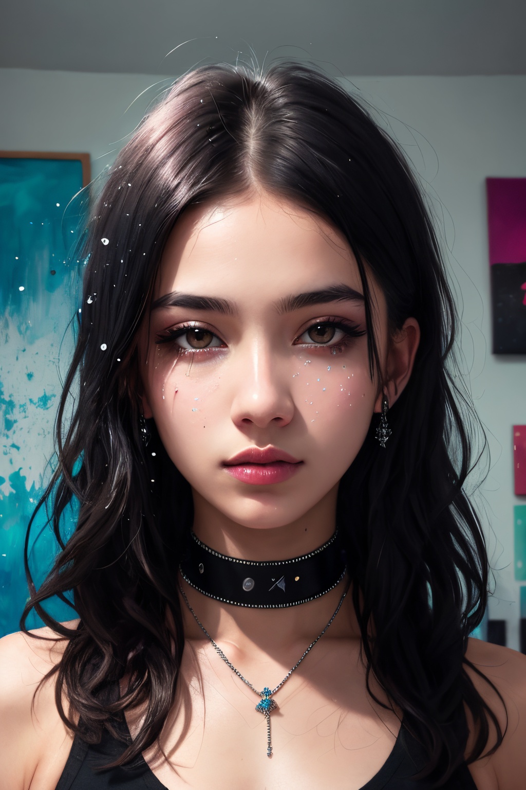  1girl, isometric, shukezouma, octane render, hdr, (hyperdetailed:1.15), (soft light, sharp:1.2), aesthetic, (Argentinian |Cuban |Colombian |Mexican) 20 years old woman, (detailed facial features), gorgeous face, grunge style, standing in her messy bedroom, pale skin, wearing eyeliner, grainy, pastel goth, scene hair, (emo girl), teased hair, wearing bracelets, wearing choker necklace, ((detailed face)), selfie, rainbow painting drops, paint teardrops, girl made up from paint, entirely paint, splat, splash, paint bulb, paint drops, broad light, backlighting, bloom, light sparkles, chromatic aberration, (bubblegum Vaporwave aesthetic),Rashmikasdxl