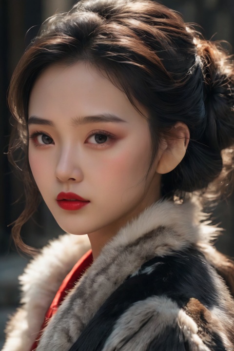  It was a bust of a chinese girl who was alone,her dark hair flowing and her face lifelike. She gazed into the audience,wearing a fur coat,with delicate red lips,her face added to her loveliness with delicate make-up and a small mole. Her dark eyes were sparkling,and her lips were smeared with lipstick. The background is simple and clear,highlighting her charm and natural beauty., Face Score, light master