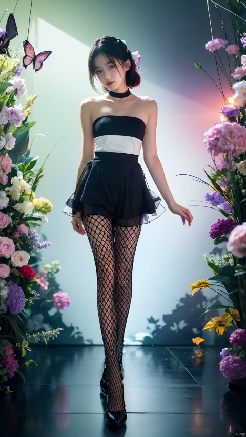 A girl wearing fishnet pantyhose and high heels is dressed in an ultra-high quality outfit that showcases a harmonious and original illustration. The scene is bathed in ambient light, creating a simulated HDR effect. She stands in front of a background that is a fusion of fluid abstract art and glitch art, with elements of Harajuku fashion scattered throughout. The composition is further enhanced by the inclusion of flowers with human eye patterns and a double exposure effect. The artwork combines elements of limited color, maximalism artstyle, geometric artstyle, butterflies, and junk art. , tutututu