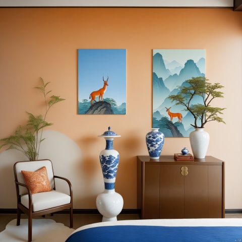  The living room features deep orange walls and vintage furniture in a Chinese-style interior design, with blue and white porcelain art prints on the wall showcasing natural illustrations of animals, forests, mountains, and sunlight. The space incorporates gradient and color blocking, crafted in a minimalistic style. An indoor plant is placed with a ceramic vase that has a marble texture, and the table lamp is elegantly shaped. The decor blends Chinese classical with retro European and American styles.