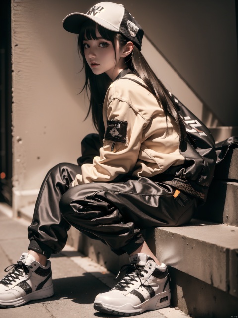  photographic of a girl\(streetwear, graphic tees, cargo pants, bomber jackets, high-top sneakers, snapback hats, bold patterns\). (ultra-detailed), hyper details, (delicate detailed), (intricate details), octane render, hdr, (hyperdetailed), (soft light), (glowing eyes),