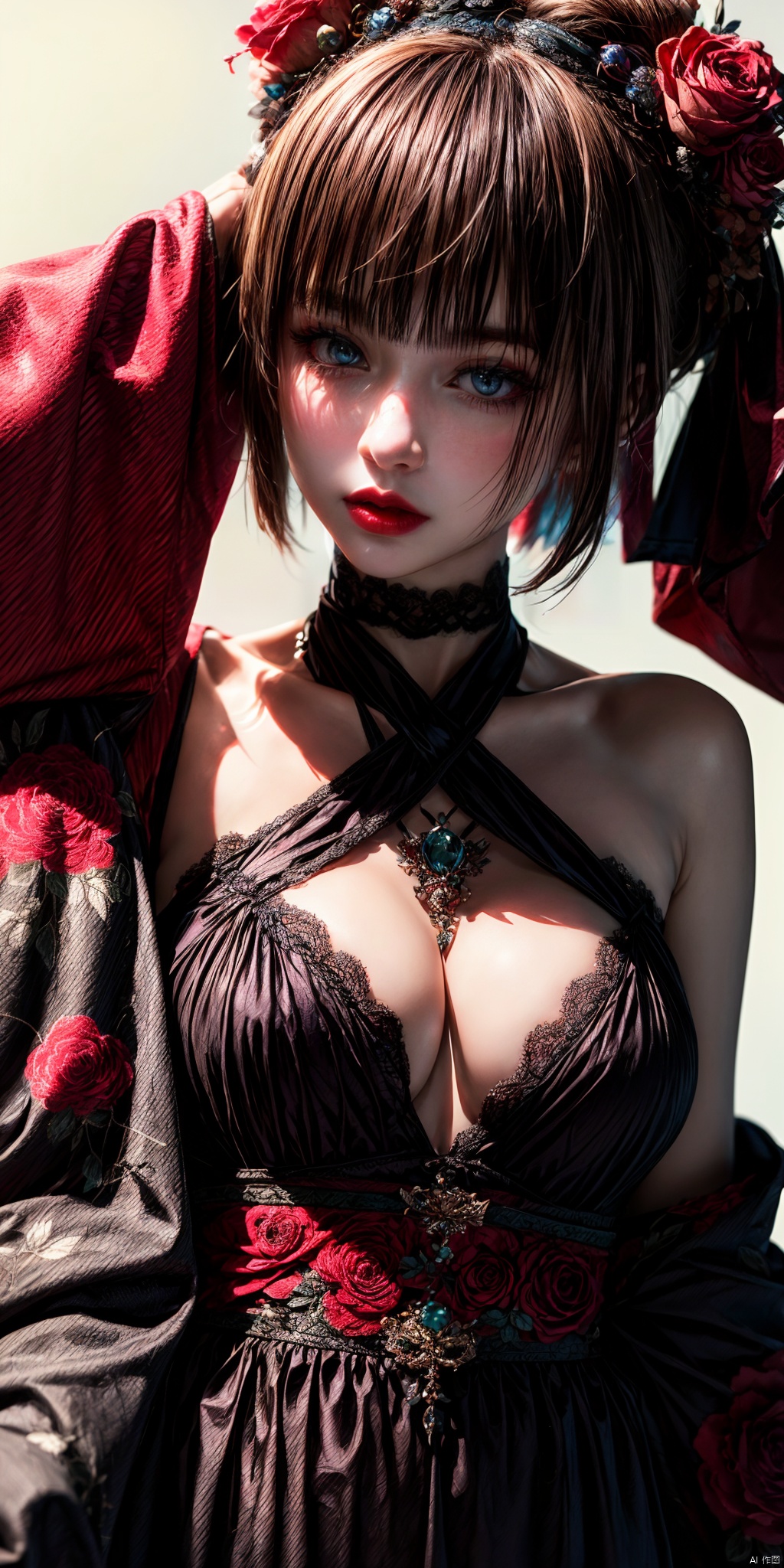  Full body,Create a high-quality artwork with beautiful colors in the style of CursedApple. The image features a solitary girl with her breasts exposed, sporting black hair in a bob cut with a fringe that covers her eyes. She has alluring lips, and the background is kept minimalistic. The artwork focuses on her upper body, showcasing blue eyes, closed red lips, and a criss-cross halter top. She is adorned with a choker and wearing a kimono, with a white background that adds to the realism. The girl has medium-sized breasts and wears makeup. The background has a hint of gray and features a floral print.

neon, and vibrant atmosphere. The entire scene is sleek, ultra-modern, and of exquisite quality. The contrasting highlights of purplish-red and deep purple create a powerful effect, reminiscent of a high-definition, gripping film, with a touch of delicate refinement.
, , tutututu