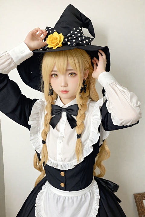  masterpiece,loli,1girl,hat,kirisame marisa,blonde hair,solo,yellow eyes,bug,witch hat,butterfly,long hair,braid,bow,flower,apron,black headwear,single braid,long sleeves,earrings,hair ornament,jewelry,white bow,hair flower,shirt,white shirt,closed mouth,hair between eyes,black bow,waist apron,white apron,hat bow,black skirt,white flower,blush,bowtie,skirt,black bowtie,looking at viewer,hair bow,rose,black vest,vest,frills,signature,buttons,hand on headwear,upper body,frilled apron,white rose,arms up,cowboy shot,yellow butterfly,arm up,hands up,artist name,side braid,ribbon