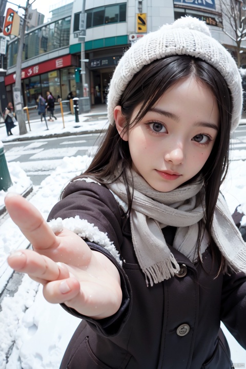  1girl,Exaggerated perspective,upper body,ultra wide shot,reaching out hand,foreshortening,on the tokyo street,realistic,highres,female focus,solo,snowy day,scarf,hat,flying snow,fish-eye len,fish eye low angle,POV,CLOSE UP SELFIE, cpdd