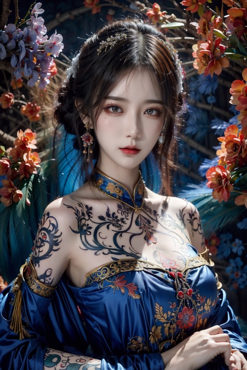  offcial art, colorful, Colorful background, splash of color, A beautiful woman with delicate facial features, The chest is large, tattoo all over body, Flower arms, Colorful and colorful silks cover the body, The looming body, Sideways photo,SAIYA,((Ylvi-Tattoos,tattoos)), 1girl