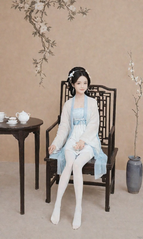  gufengsw001,1girl,solo,looking at viewer,smile,black hair,hair ornament,long sleeves,jewelry,sitting,closed mouth,full body,braid,earrings,hair flower,white dress,black eyes,cup,chair,no shoes,chinese clothes,table,white pantyhose,teacup,hanfuteacup,hanfu,,